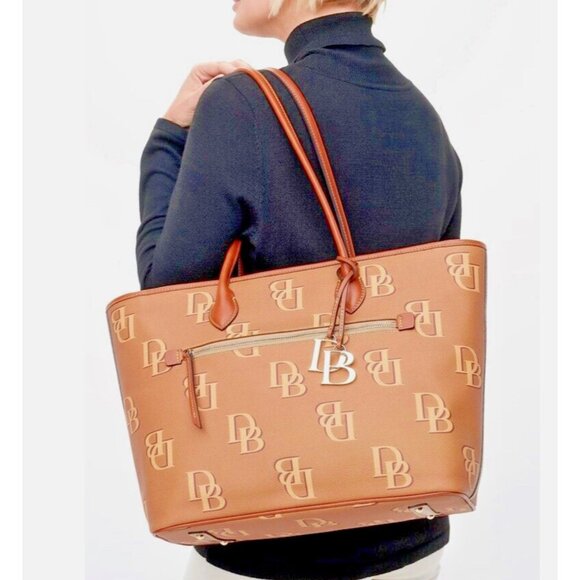 Dooney & Bourke LARGE Tote Purse Saddle Brown Monogrammed Work Bag Tan Trim NWT - Picture 1 of 14